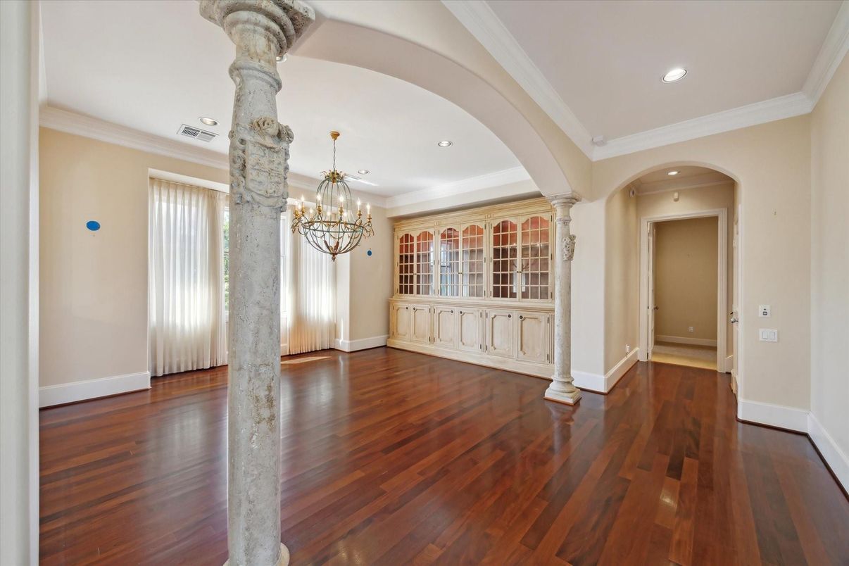 Chandelier, Empty room, Interior, Recessed Lighting, Wood Texture Flooring