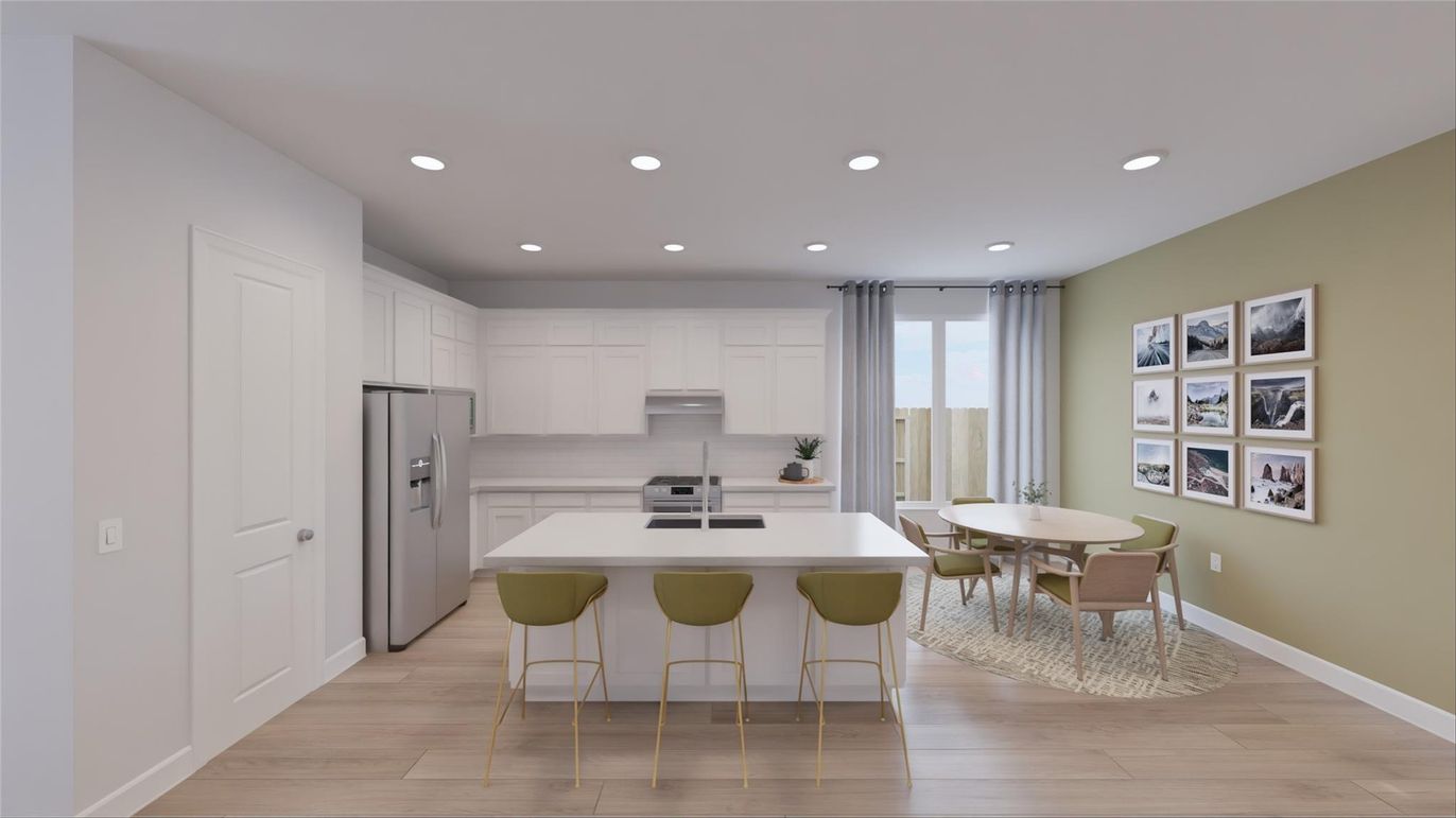 Dining room, Interior, Kitchen, Recessed Lighting, Stainless Steel Appliances, Wood Texture Flooring