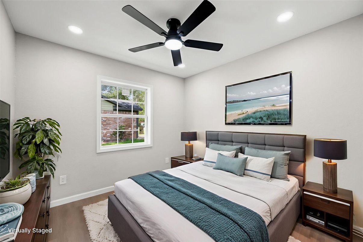 Bedroom, Interior, Recessed Lighting, Wood Texture Flooring