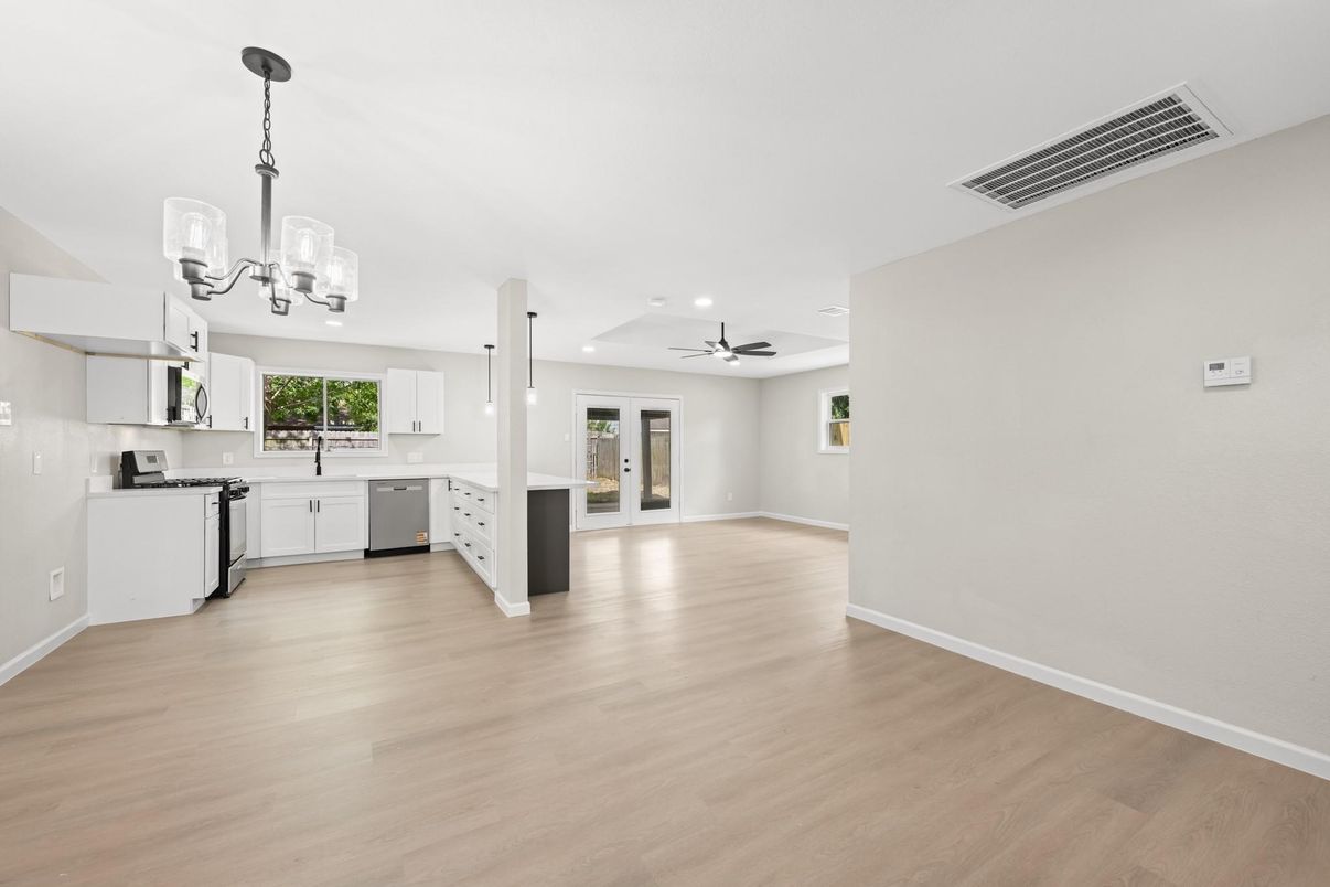 Interior, Kitchen, Pendant Lights, Recessed Lighting, Wood Texture Flooring