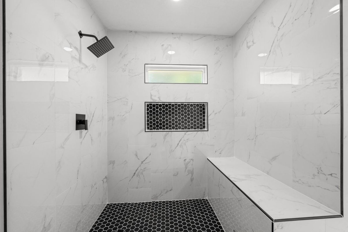 Bathroom, Glass Shower, Interior, Marble Walls, Recessed Lighting