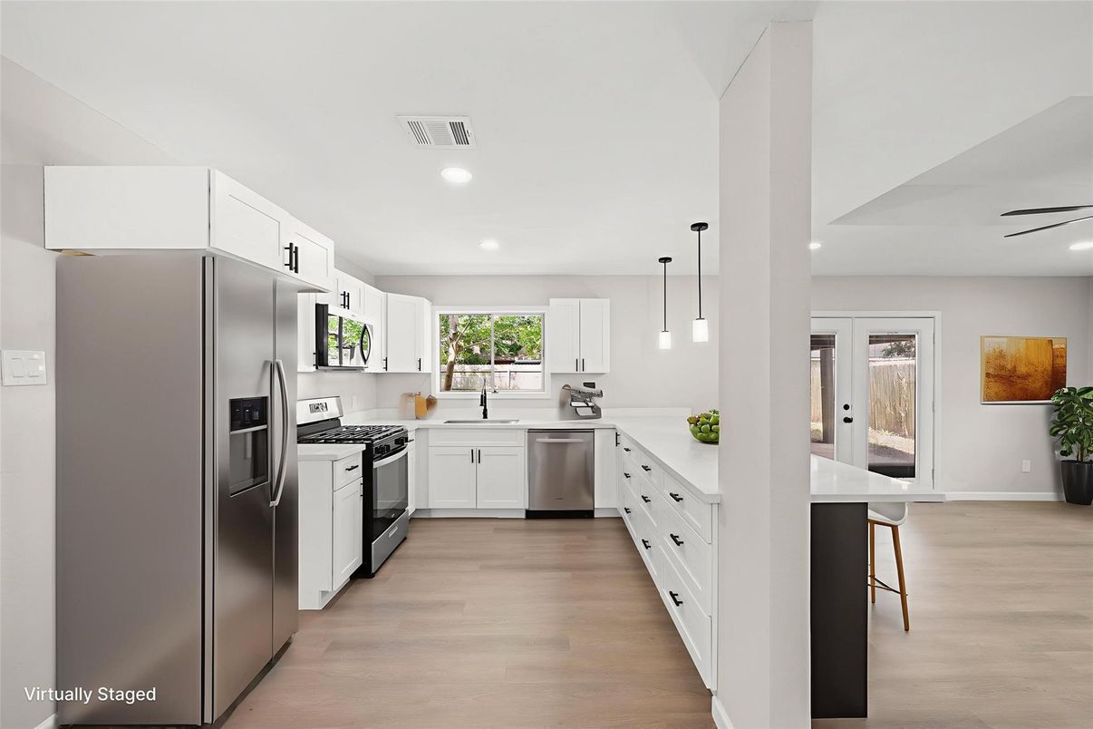 Interior, Kitchen, Pendant Lights, Recessed Lighting, Stainless Steel Appliances, Wood Texture Flooring