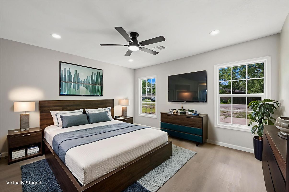 Bedroom, Interior, Recessed Lighting, Wood Texture Flooring