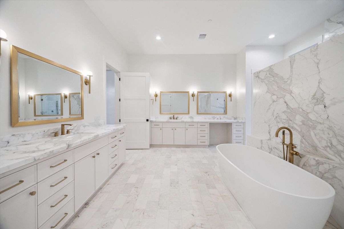 Bathroom, Dual Sink Vanities, Free Standing Baths, Interior, Marble, Marble Walls, Recessed Lighting