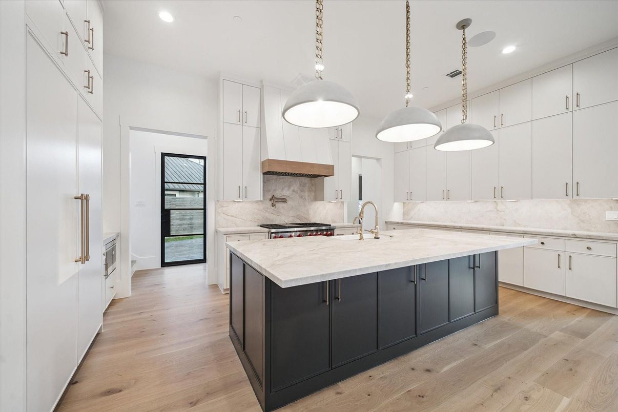 Interior, Kitchen, Pendant Lights, Recessed Lighting, Stainless Steel Appliances, Wood Texture Flooring