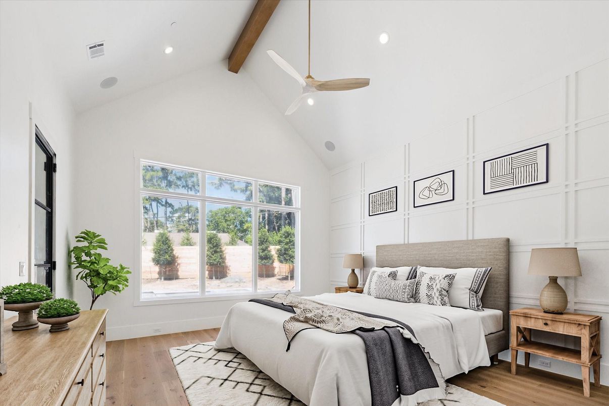 Bedroom, Interior, Recessed Lighting, Wooden Beams, Wood Texture Flooring