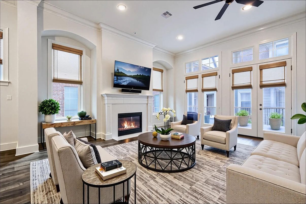 Fireplace, Interior, Living room, Recessed Lighting, Wood Texture Flooring