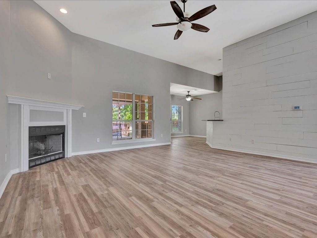 Empty room, Fireplace, Interior, Recessed Lighting, Wood Texture Flooring
