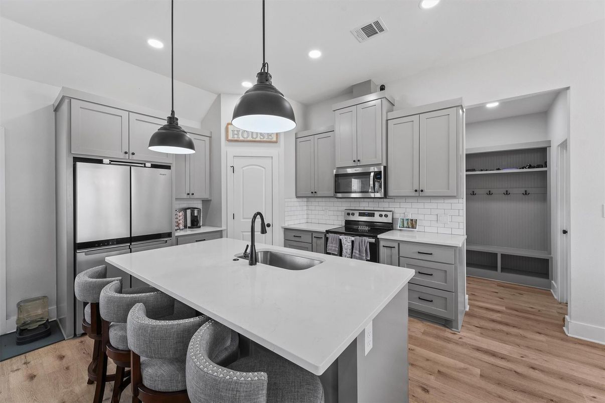 Interior, Kitchen, Pendant Lights, Recessed Lighting, Stainless Steel Appliances, Wood Texture Flooring