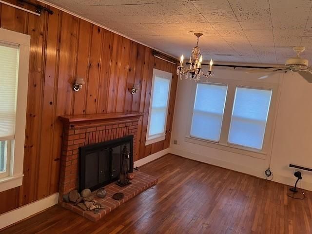 Chandelier, Empty room, Fireplace, Interior, Wood Texture Flooring, Wooden Walls