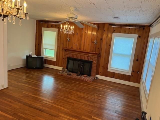 Chandelier, Empty room, Fireplace, Interior, Wood Texture Flooring, Wooden Walls