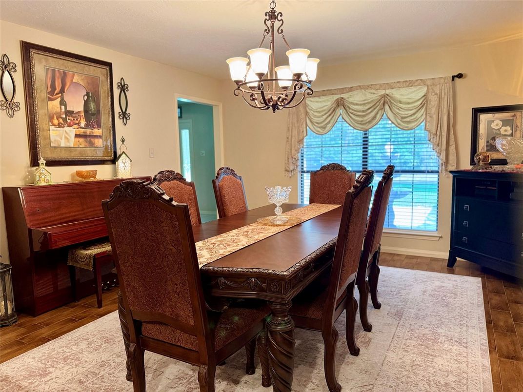 Chandelier, Dining room, Interior, Wood Texture Flooring