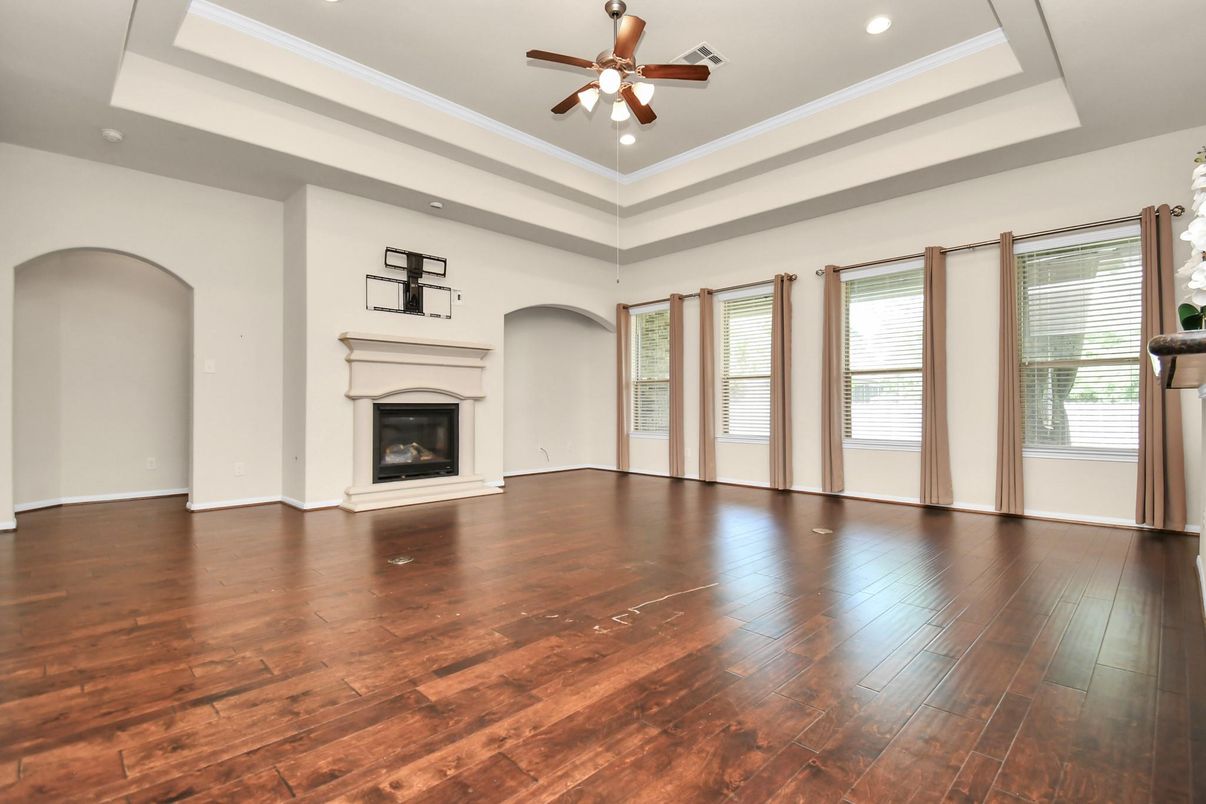Empty room, Fireplace, Interior, Recessed Lighting, Wood Texture Flooring