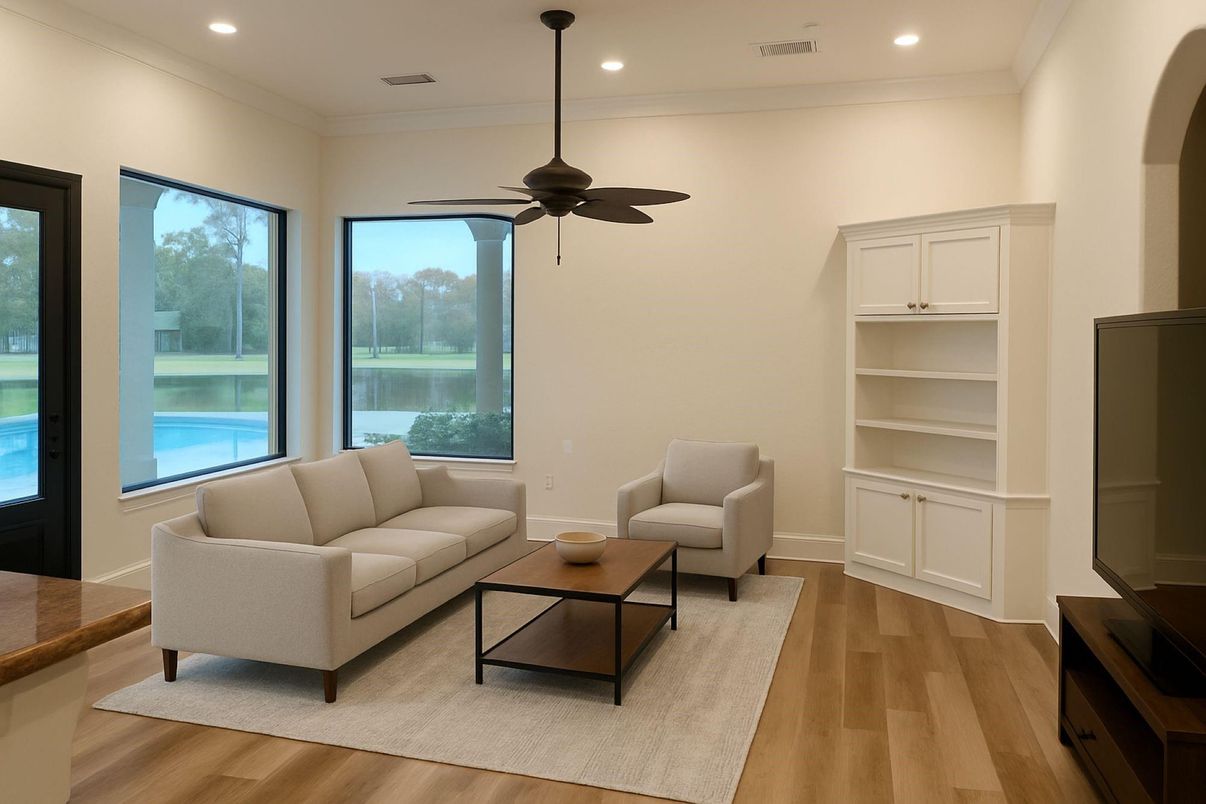 Interior, Living room, Recessed Lighting, Water, Wood Texture Flooring