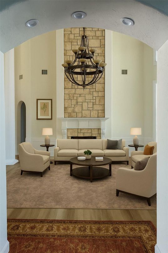 Chandelier, Fireplace, Interior, Living room, Recessed Lighting, Stone Walls, Wood Texture Flooring