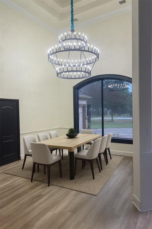 Chandelier, Dining room, Interior, Pendant Lights, Wood Texture Flooring
