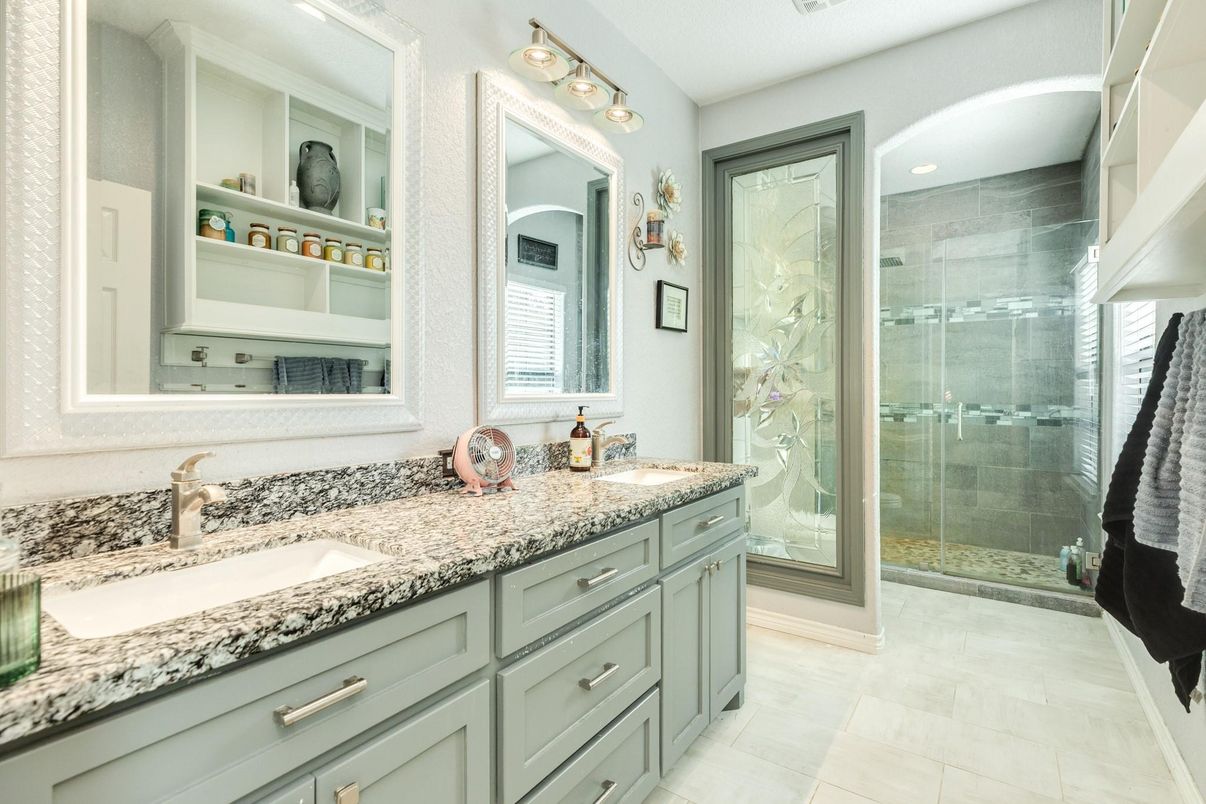 Bathroom, Dual Sink Vanities, Glass Shower, Interior, Recessed Lighting