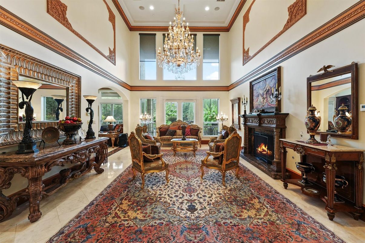 Chandelier, Fireplace, Interior, Living room, Recessed Lighting