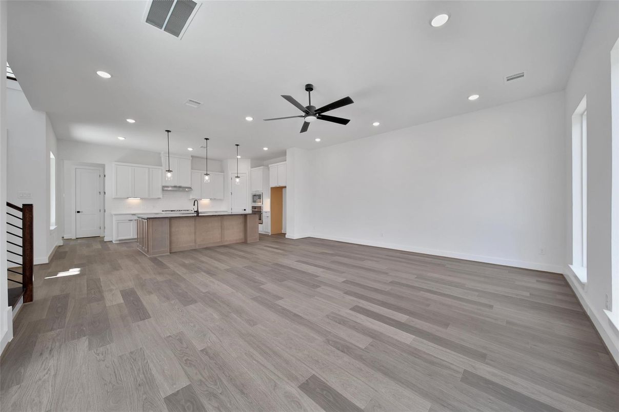 Empty room, Interior, Kitchen, Pendant Lights, Recessed Lighting, Wood Texture Flooring