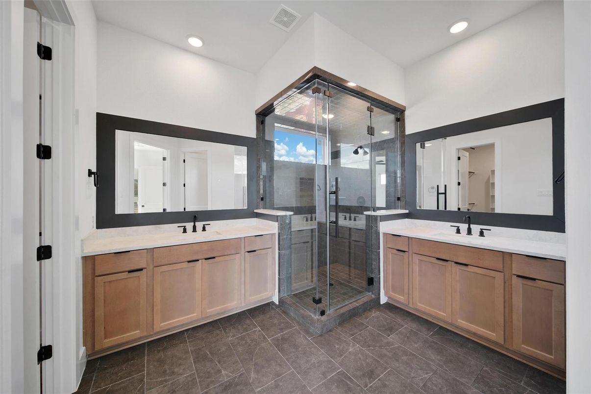 Bathroom, Dual Sink Vanities, Glass Shower, Interior, Recessed Lighting