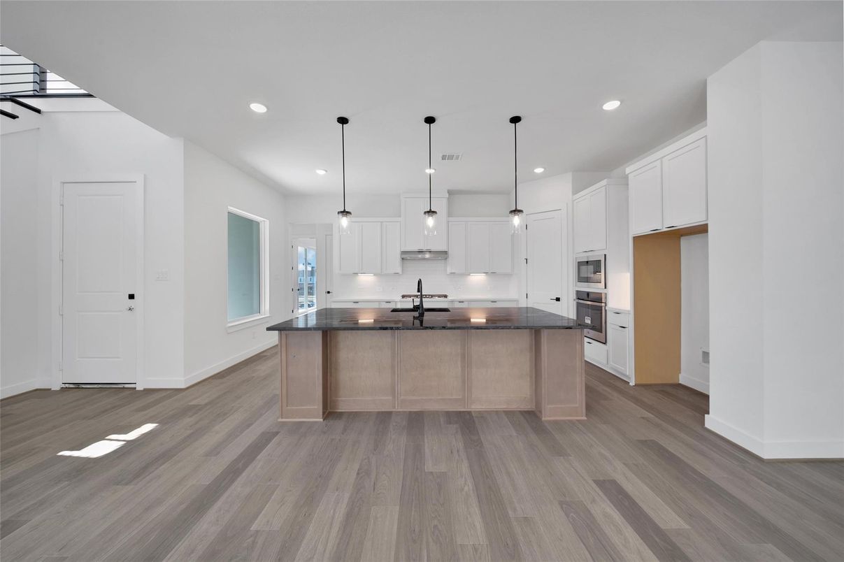 Interior, Kitchen, Pendant Lights, Recessed Lighting, Stainless Steel Appliances, Wood Texture Flooring