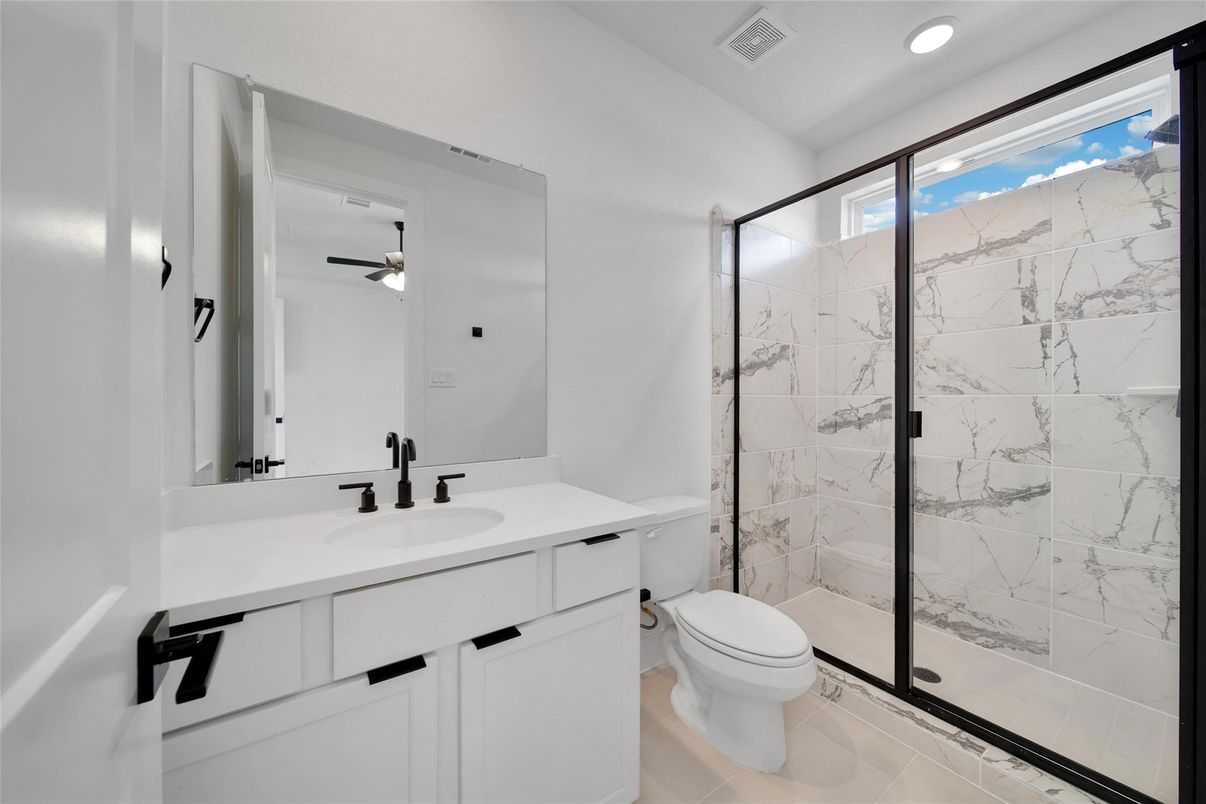 Bathroom, Glass Shower, Interior, Marble Walls, Recessed Lighting