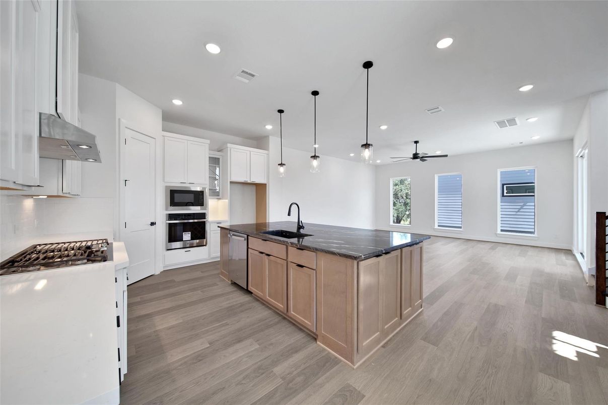 Interior, Kitchen, Pendant Lights, Recessed Lighting, Stainless Steel Appliances, Wood Texture Flooring