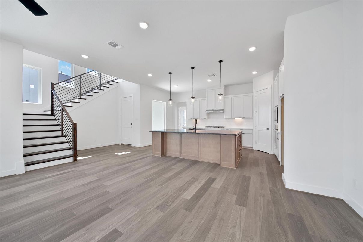 Interior, Kitchen, Pendant Lights, Recessed Lighting, Wood Texture Flooring
