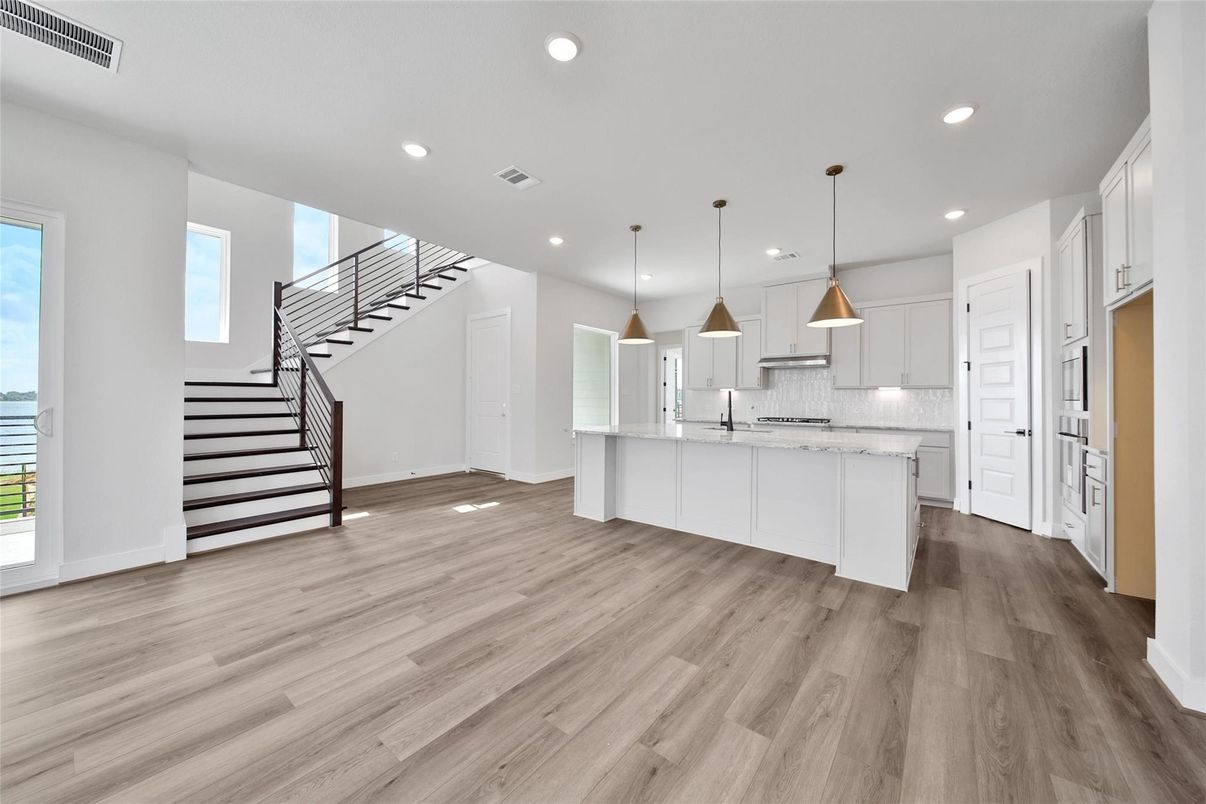 Interior, Kitchen, Pendant Lights, Recessed Lighting, Wood Texture Flooring