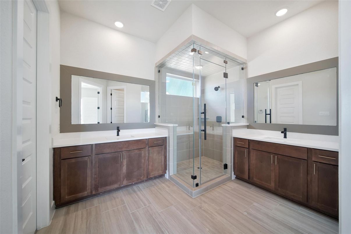 Bathroom, Dual Sink Vanities, Glass Shower, Interior, Recessed Lighting