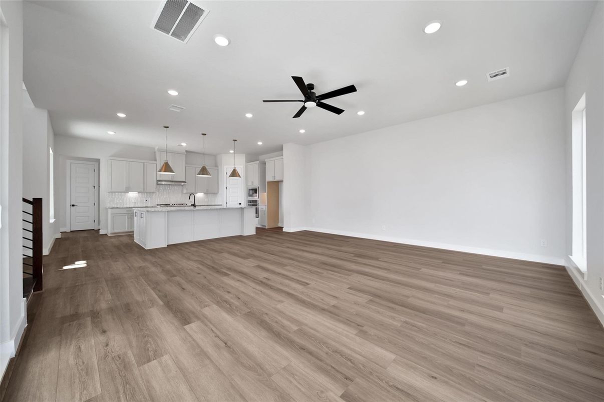 Empty room, Interior, Kitchen, Pendant Lights, Recessed Lighting, Wood Texture Flooring