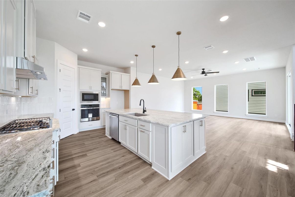Interior, Kitchen, Pendant Lights, Recessed Lighting, Stainless Steel Appliances, Wood Texture Flooring