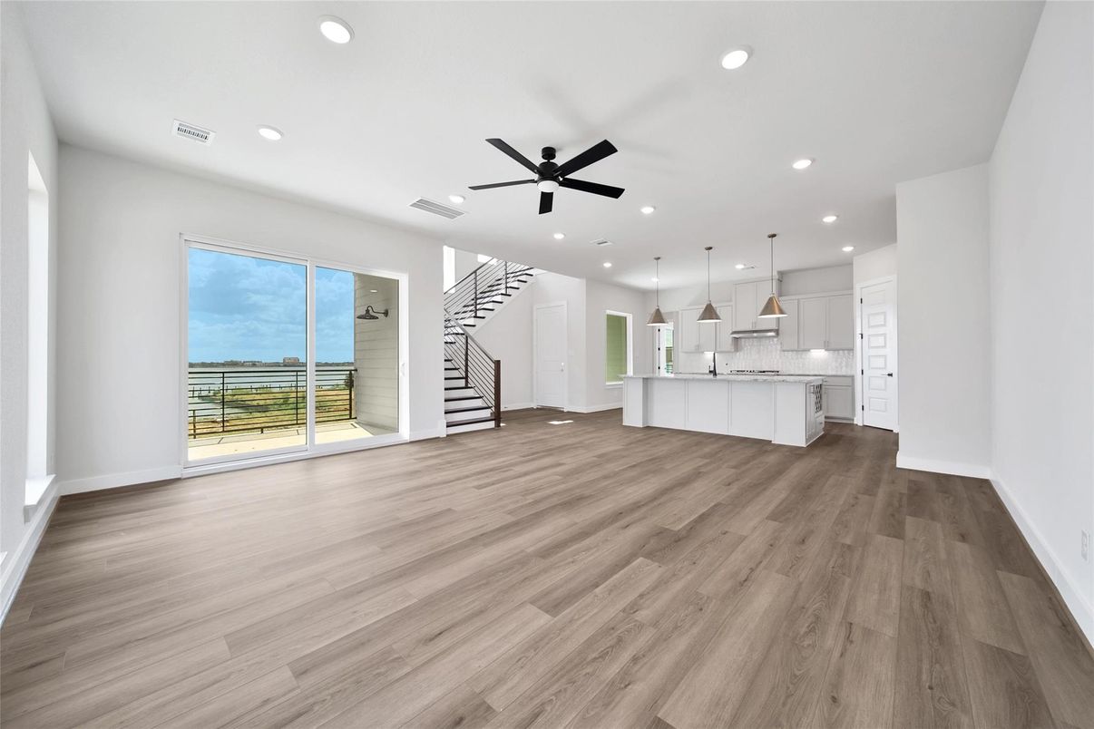 Empty room, Interior, Kitchen, Pendant Lights, Recessed Lighting, Wood Texture Flooring