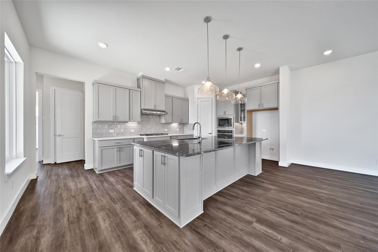 Interior, Kitchen, Pendant Lights, Recessed Lighting, Stainless Steel Appliances, Wood Texture Flooring