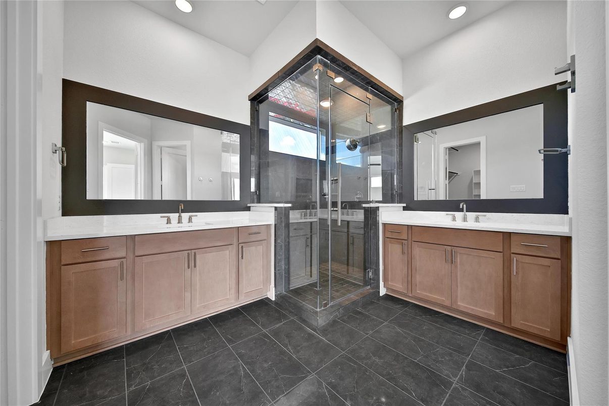 Bathroom, Dual Sink Vanities, Glass Shower, Interior, Recessed Lighting