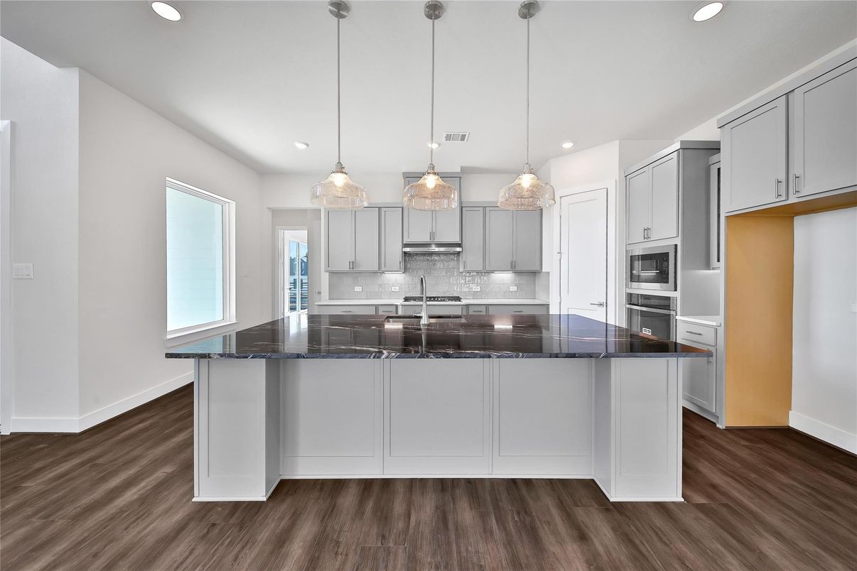 Interior, Kitchen, Pendant Lights, Recessed Lighting, Stainless Steel Appliances, Wood Texture Flooring