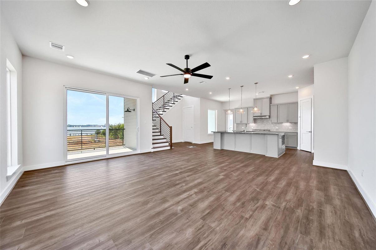 Interior, Kitchen, Pendant Lights, Recessed Lighting, Water, Wood Texture Flooring