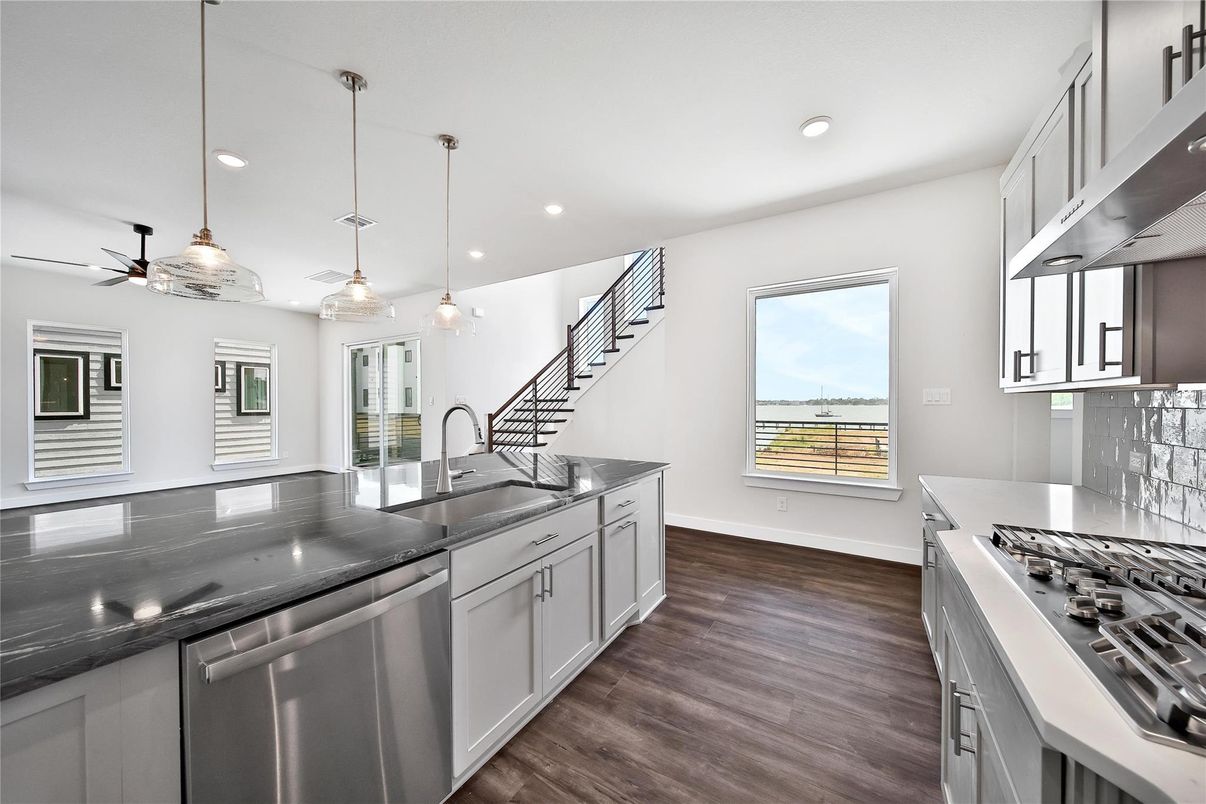 Interior, Kitchen, Pendant Lights, Recessed Lighting, Stainless Steel Appliances, Wood Texture Flooring