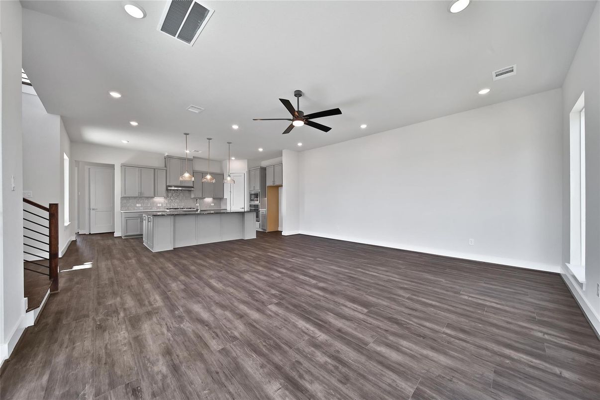 Empty room, Interior, Kitchen, Pendant Lights, Recessed Lighting, Wood Texture Flooring