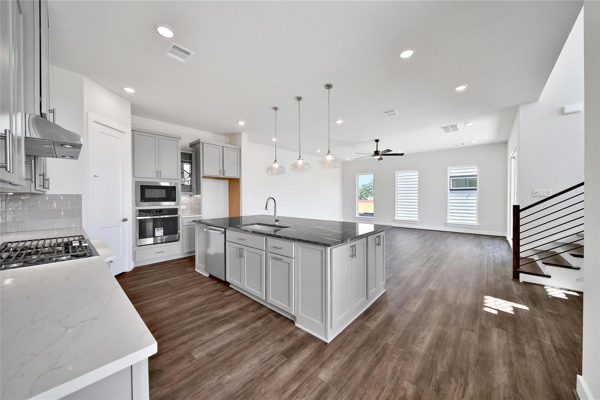 Interior, Kitchen, Pendant Lights, Recessed Lighting, Stainless Steel Appliances, Wood Texture Flooring
