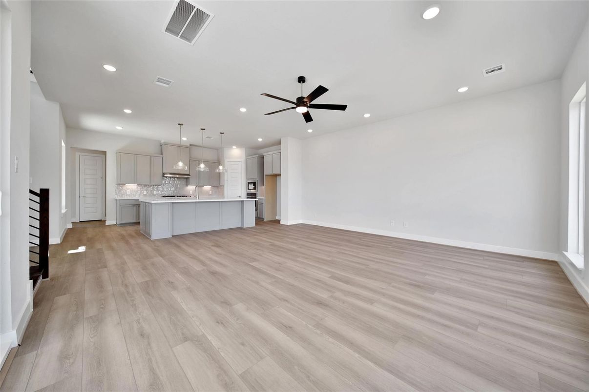 Empty room, Interior, Kitchen, Pendant Lights, Recessed Lighting, Wood Texture Flooring