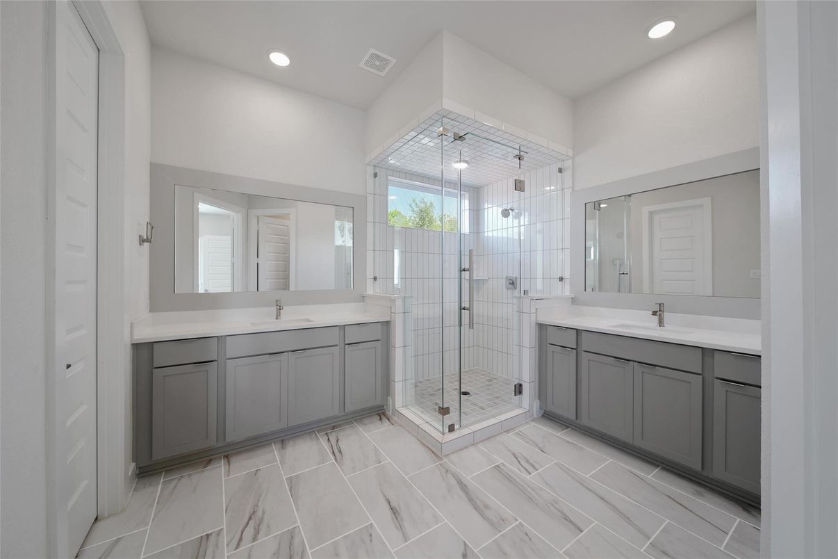 Bathroom, Dual Sink Vanities, Glass Shower, Interior, Marble, Recessed Lighting