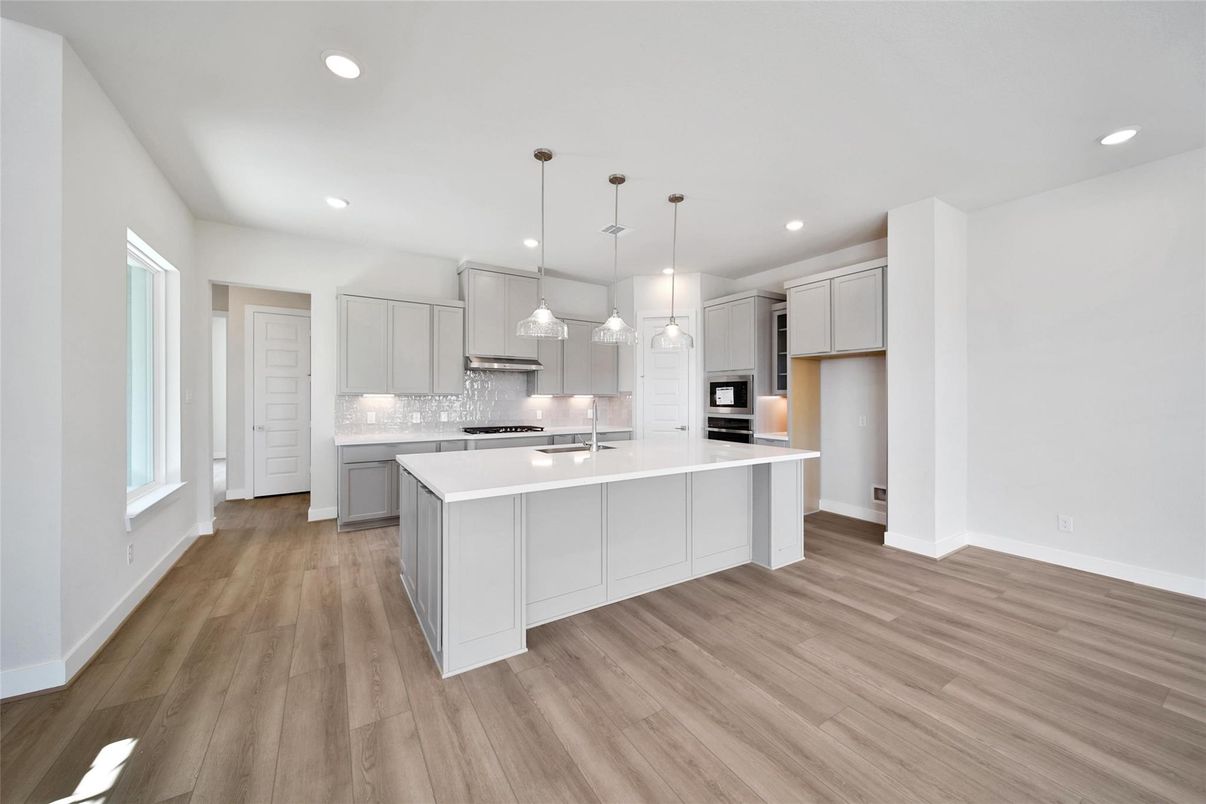 Interior, Kitchen, Pendant Lights, Recessed Lighting, Stainless Steel Appliances, Wood Texture Flooring