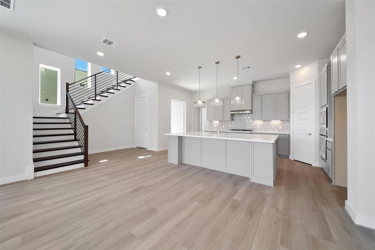 Interior, Kitchen, Pendant Lights, Recessed Lighting, Wood Texture Flooring