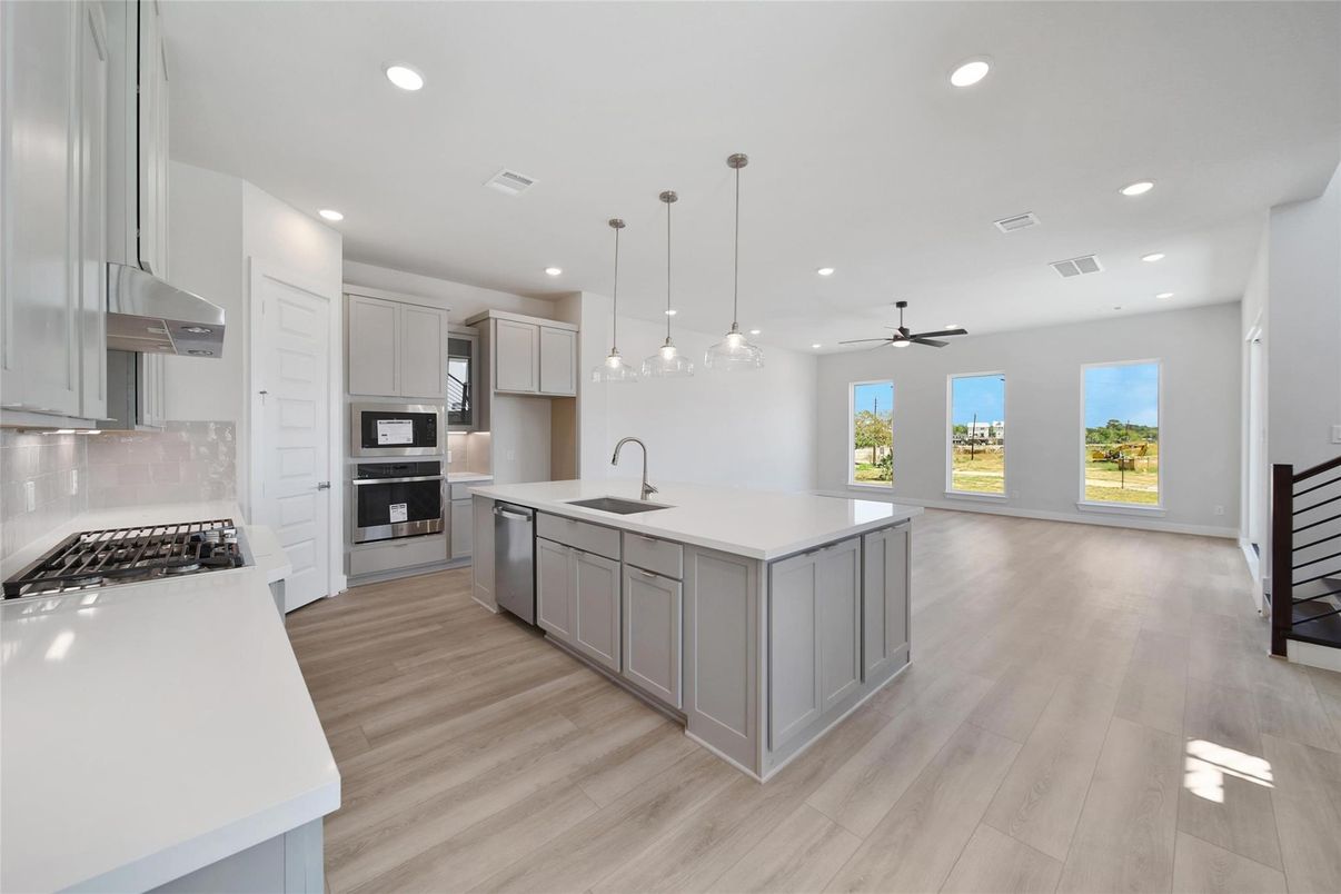 Interior, Kitchen, Pendant Lights, Recessed Lighting, Stainless Steel Appliances, Wood Texture Flooring