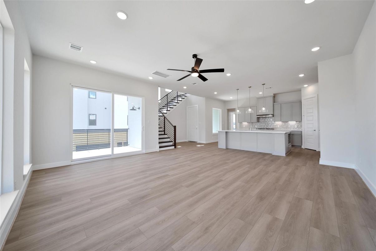 Interior, Kitchen, Pendant Lights, Recessed Lighting, Wood Texture Flooring