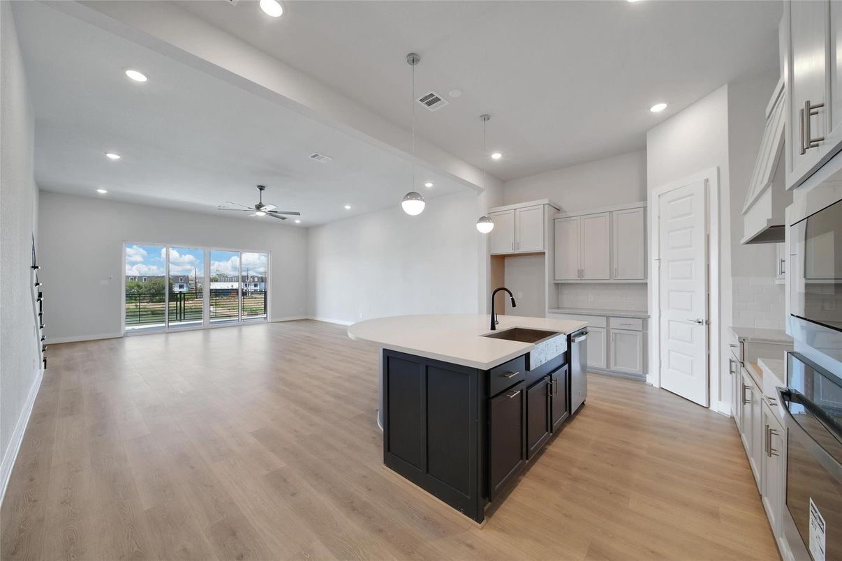 Interior, Kitchen, Pendant Lights, Recessed Lighting, Wood Texture Flooring