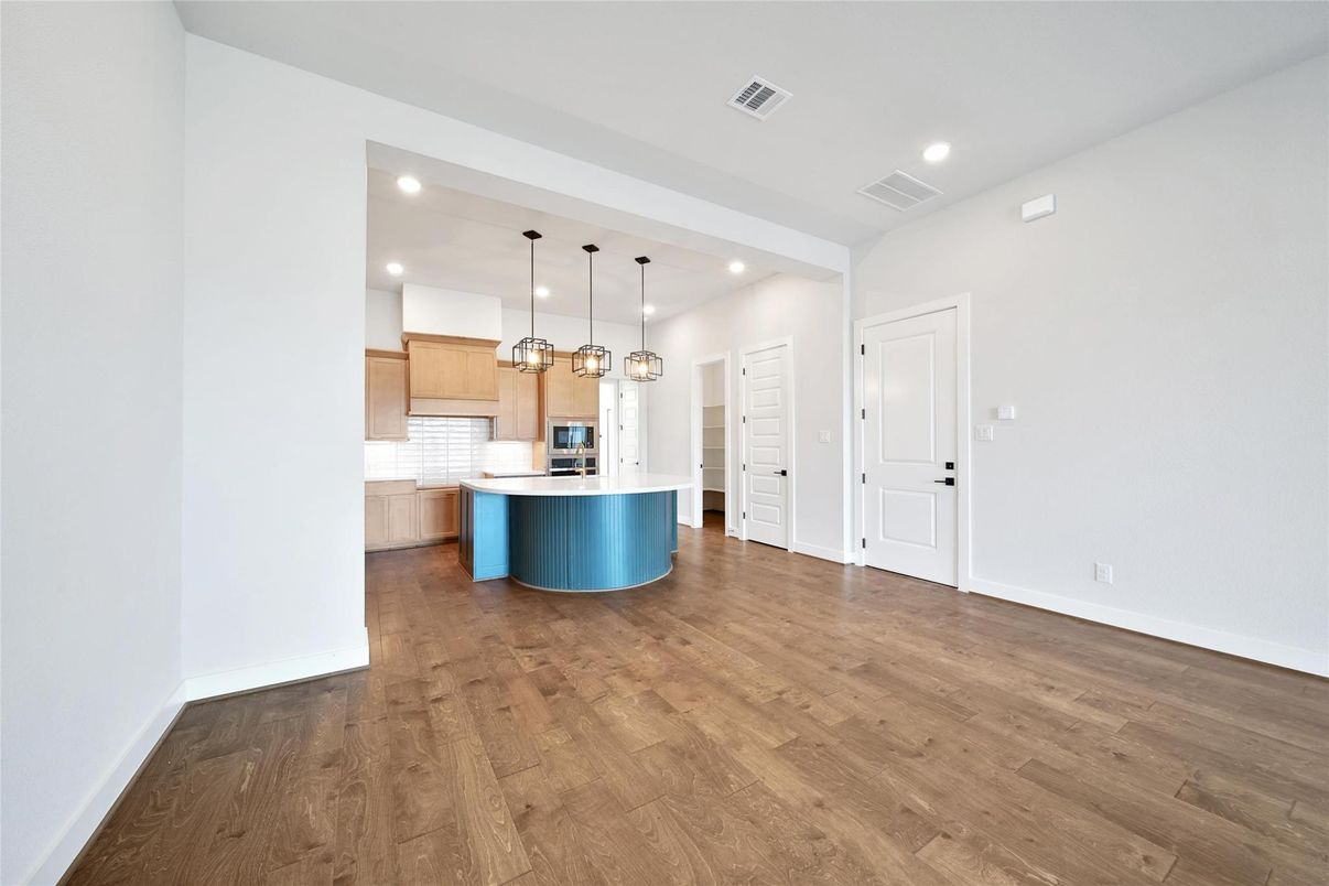 Interior, Kitchen, Pendant Lights, Recessed Lighting, Wood Texture Flooring