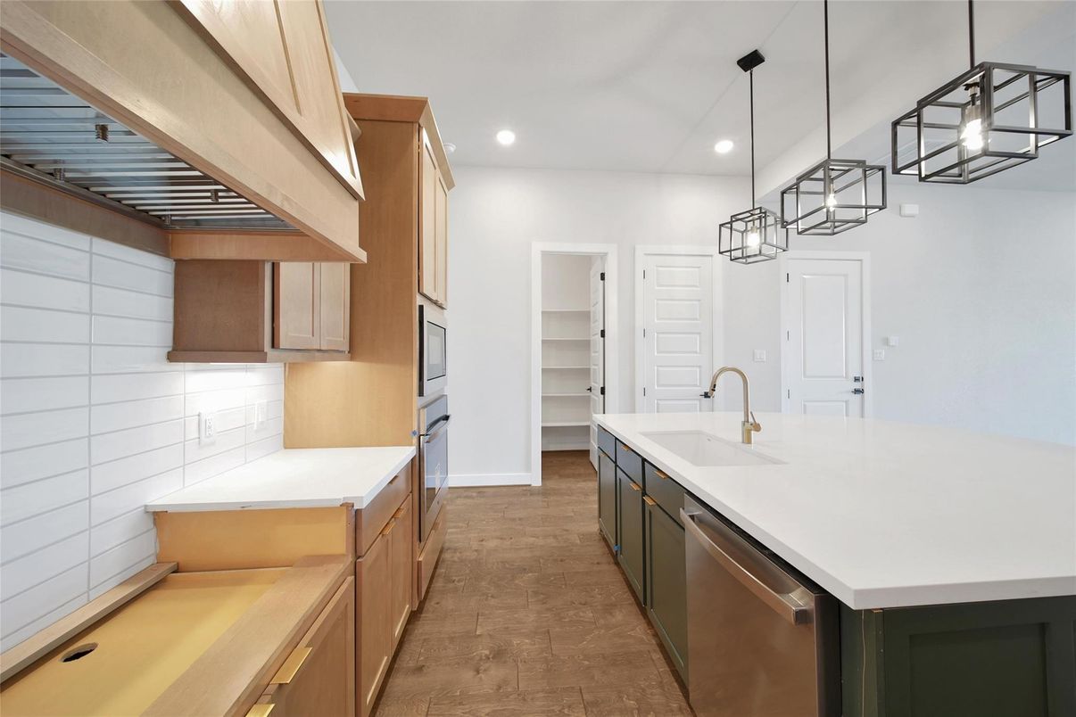 Interior, Kitchen, Pendant Lights, Recessed Lighting, Stainless Steel Appliances, Wood Texture Flooring