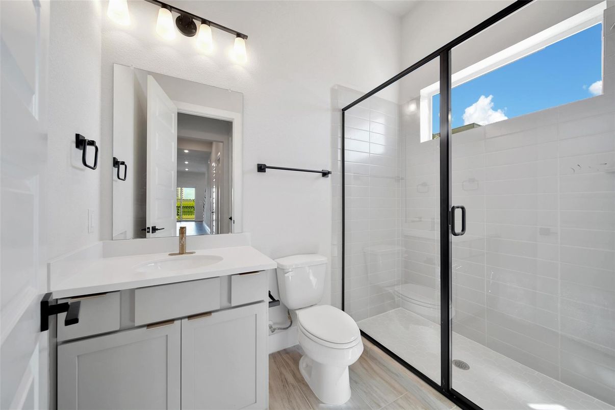 Bathroom, Glass Shower, Interior, Wood Texture Flooring